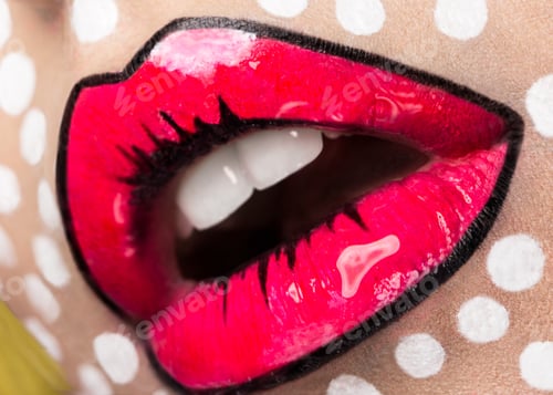 Preview: Photo of young woman with professional comic pop art make-up. Creative beauty style. Close up lips