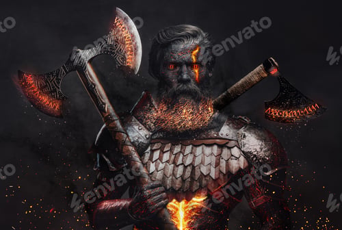 Preview: Ancient demonic warrior with axes against dark background