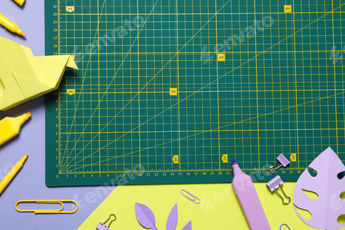 Preview: Patchwork accessories concept on yellow background, mat cutting