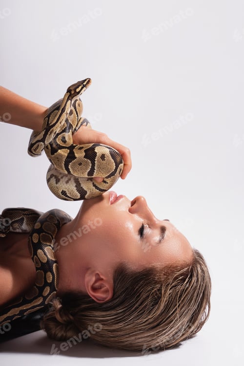 Vista previa: Hermosa mujer con serpientes pitón deslizándose elegantemente sobre su cuerpo