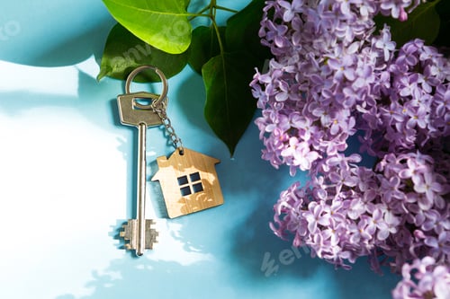 Preview: House key with keychain on blue spring background and lilac branches