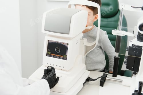 Preview: Optometry concept. Female optometrist optician doctor examines eyesight of child boy
