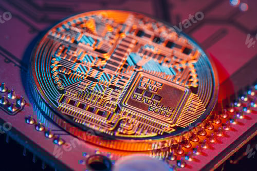 Preview: golden bitcoin and computer chip in background