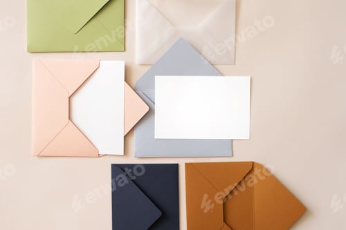 Preview: White paper blank mockup for letters, greeting card, postcard, invitation in colorful envelopes