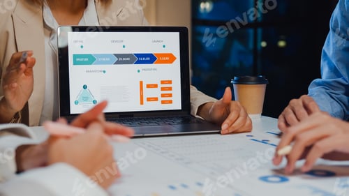Preview: Businesspeople meeting plan analysis statistics brainstorm and header of team hold laptop.