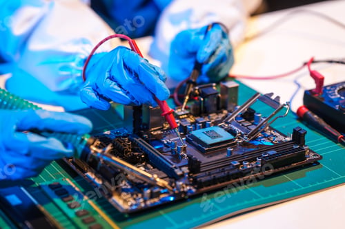 Preview: Close-up of a technician wearing gloves soldering electronic components at a desk in an office
