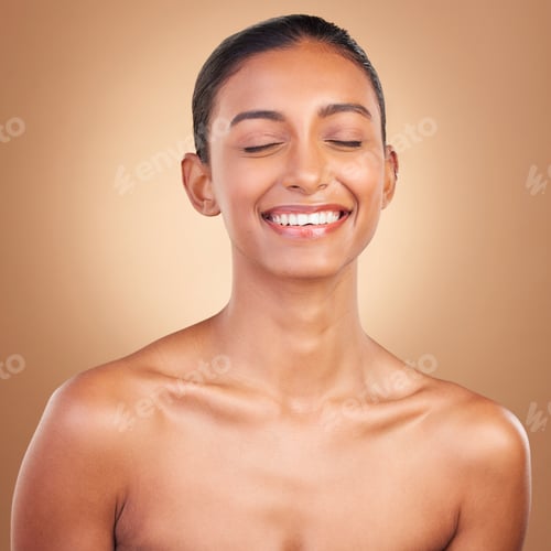 Preview: Skincare, beauty and face of Indian woman with eyes closed for wellness, healthy skin and facial tr