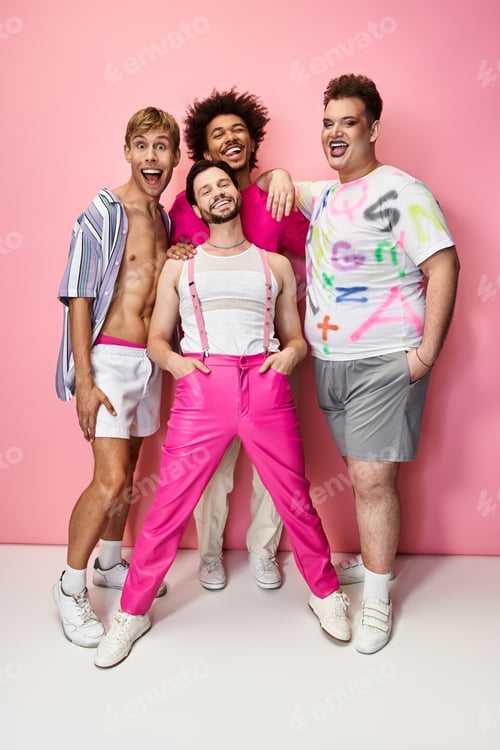 Preview: Four friends celebrate pride with vibrant outfits in a joyful and colorful setting