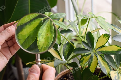 Preview: Person using magnifying glass to examine leaves of schefflera houseplant for pests and disease