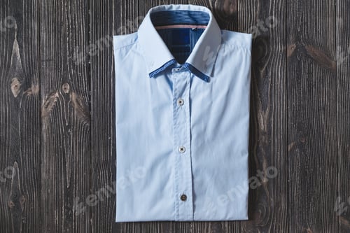 Preview: Folded Blue Dress Shirt on Wooden Background