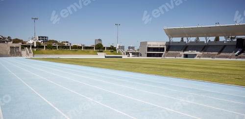 Preview: Race track, athletic and empty outdoor sports stadium for marathon, competition or olympics. Sport,
