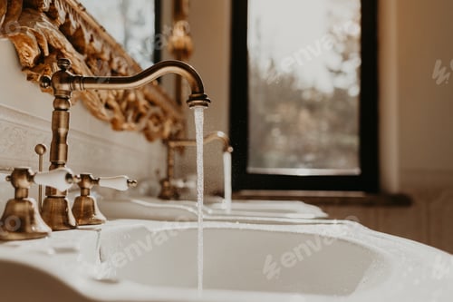 Preview: Water flows from the faucets into the sink. Beautiful expensive bathroom
