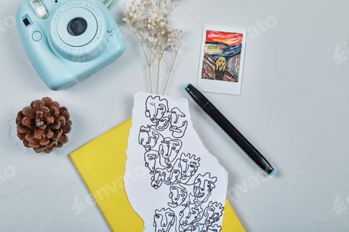 Preview: A paper of drawing with polaroid, pen, photo, flower and forest cone