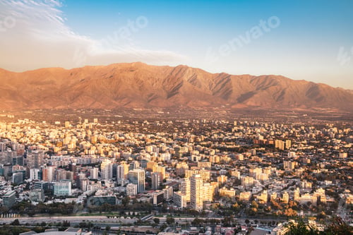 Preview: Aerial view of downtown Santiago and Andes Mountains at sunset - Santiago, Chile