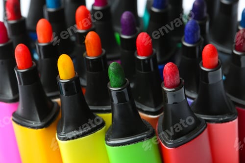 Preview: Many colorful markers as background, closeup. Rainbow palette