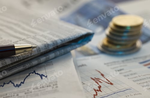 Preview: Financial Newspaper with Pen and Stack of Coins