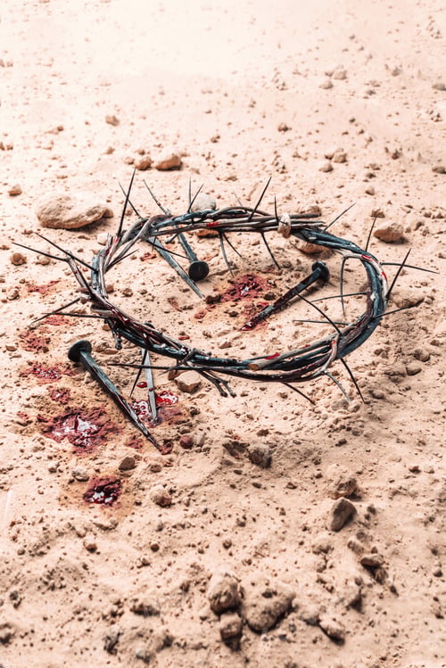 Preview: Good Friday, Passion of Jesus Christ. Crown of thorns and bloody nails on ground. Christian Easter