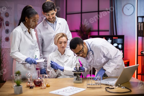 Preview: View of modern university research laboratory with multiracial team of young scientists
