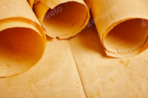 Preview: Old aged blank rolled parchments. Antique documents. Vintage manuscripts. Horizontal