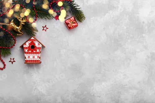 Preview: Christmas Decorations and Lights on Gray Background