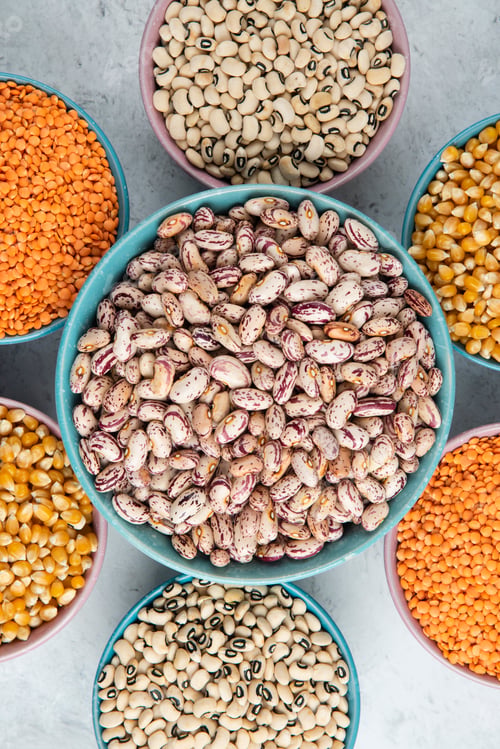 Preview: Big bowl of brown beans around various raw beans and lentils