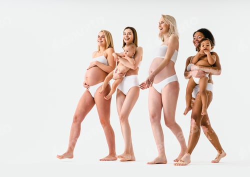 Preview: Beauty shot of beautiful pregnant women and mothers holding babies, motherhood and pregnancy concept