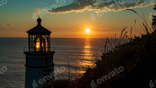Preview: Silhouette of a lighthouse by a beach during the sunset