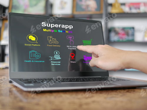 Preview: Finger about to tap on a screen of superapp on computer notebook or laptop