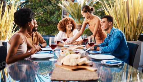 Preview: Friends, people and food outdoor on a table for social gathering, happiness and holiday celebration