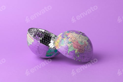 Preview: A broken disco ball shaped like a world globe on a purple background.