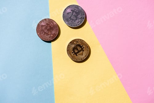 Preview: top view of arranged bitcoins on colorful background