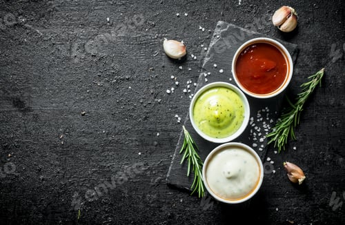 Preview: Delicious sauces guacomole, mayonnaise and ketchup with cloves of garlic and rosemary.
