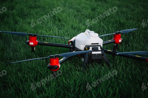 Preview: Agriculture drone flying on the green tea field at sunrise.