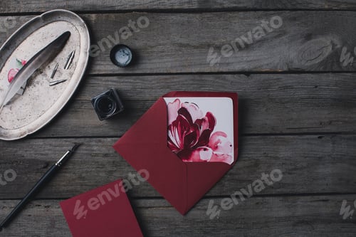 Preview: composition of holiday invitation on rustic wooden table
