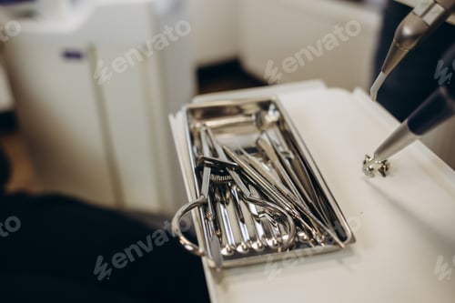 Preview: Professional Dentist tools in the dental office. Dental Hygiene and Health conceptual image.