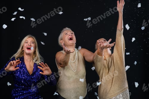 Preview: Portrait of three happy senior friends celebrating.
