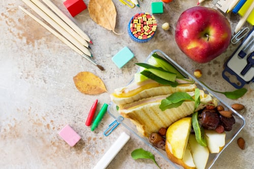 Visualização: Histórico de volta às aulas com material escolar, lancheira e maçã.