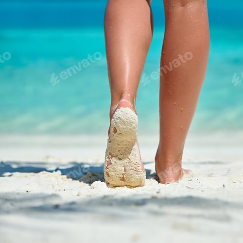 Preview: Woman Walking On Tropical White Sand Beach. Summer Vacation At Maldives.