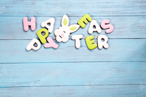 Preview: Happy Easter colorful lettering Happy Easter of ginger biscuits and cookies bunny