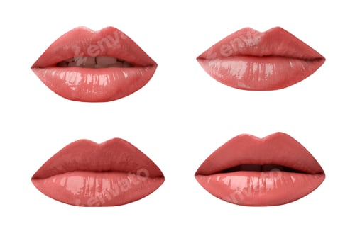Preview: Female lips with coral lipsticks on white background, collage