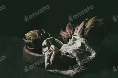 Preview: Artichokes in Wooden Bowl with Cloth Still Life