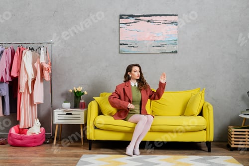 Preview: concept photography, woman acting like a doll and sitting on yellow couch, gesturing unnaturally in