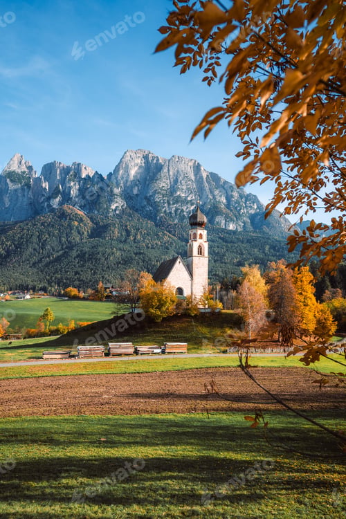 Preview: Bright photo of St. Constantine church in Dolomites, Trentino Alto Adige Italy