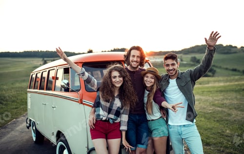 Preview: A group of young friends on a roadtrip through countryside, standing by a minivan.