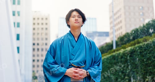 Preview: Kimono, fashion and culture with Japanese man in city for Shinto ceremony, heritage and pride. Resp