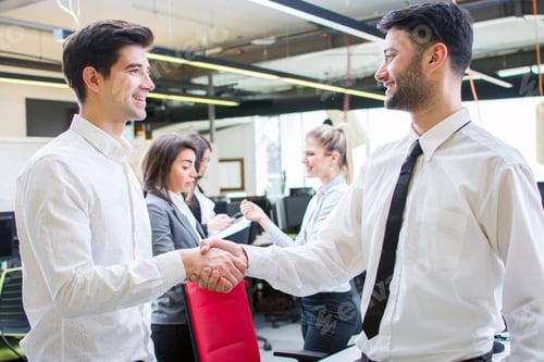 Preview: Two businessmen shaking hands while standing in the office together with partners in the background.