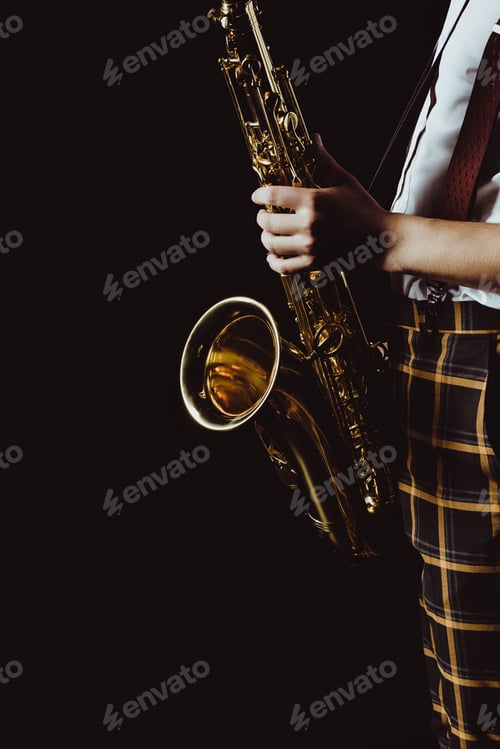 Visualização: cropped shot of stylish young musician holding saxophone isolated on black