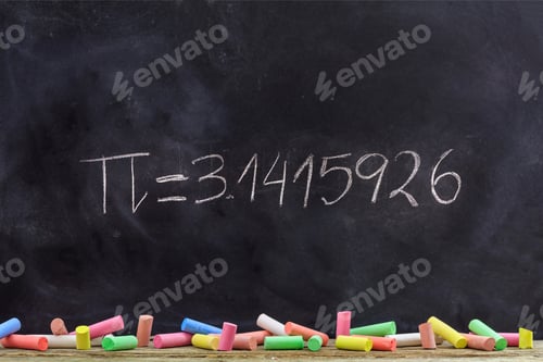 Preview: Pi number, mathematical constant chalk drawing on a school black board