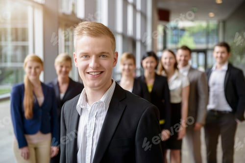 Preview: Portrait of businessman and business team standing in a row