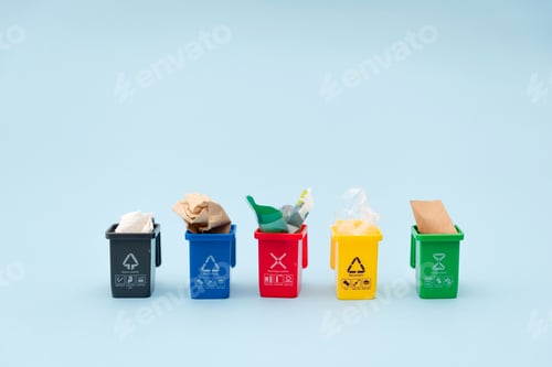 Preview: Colorful recycling bins with different types of waste on a blue background